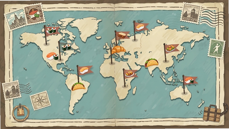 Food and Travel Merge Game�������е�ͼ���棬���˷��������ͼ�ϲ��Ŷ���С�죬ÿ�����Ա�ע�ŵ��ش�����ʳͼ�꣬����˾�����̡����ɣ���ͼ��Ե��������Ʊ���ֻ�װ�Σ�������ɫ��͸��ţ����澫�£��ʺ���Ϸ���ܽ�����ͼ