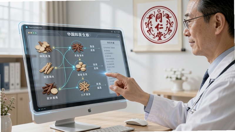 画面描绘一位中医师坐在明亮的诊室中,面前悬浮着半透明的数字化处方界面,界面上可见中药材图标与配伍连线,医生手指轻触屏幕完成处方确认,背景有同仁堂国际医生版的品牌标识,整体光线柔和,科技感与中医文化氛围融合,构图突出人机交互的便捷性