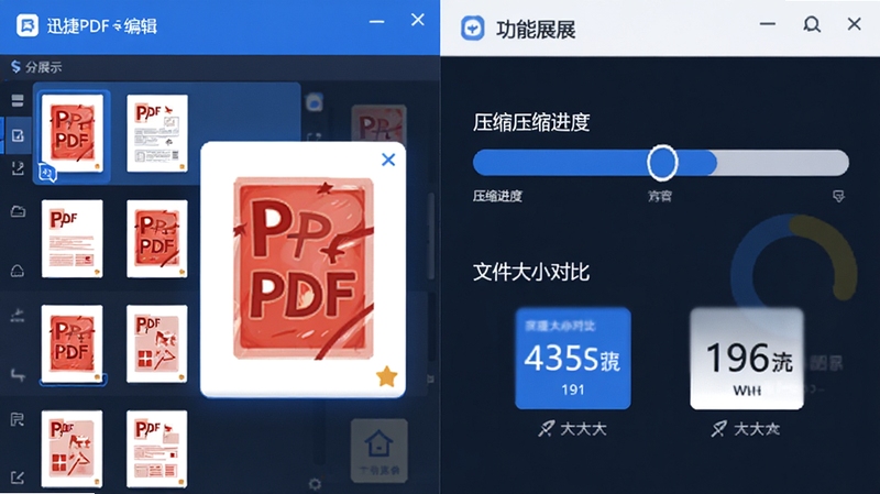 迅捷PDF编辑器功能展示图,画面分割为左右两部分,左侧是PDF文档缩略图列表正在被拖拽排序,右侧是压缩进度条与文件大小对比数字,整体采用扁平化插画风格,配色以蓝白为主,体现工具类软件的效率感