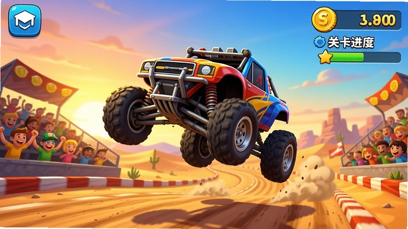 疯狂赛车游戏主界面全景展示,画面中央是一辆改装越野赛车腾空跃起,背景为黄昏沙漠赛道与观众看台,右上角显示金币数量与关卡进度,整体采用明亮卡通渲染风格,构图饱满、色彩对比强烈,适合作为下载站软件预览头图