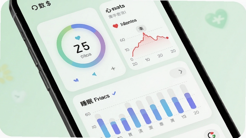手机屏幕展示波导手表app的健康数据仪表盘,包含步数环形图、心率折线图和睡眠柱状图,界面配色清新,背景为柔和的浅绿色,画面中央突出数据可视化元素,整体风格现代简约
