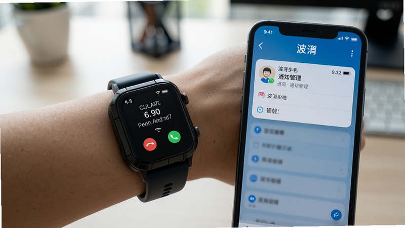 一块波导智能手表佩戴在手腕上,表盘显示来电提醒界面,旁边放置一部手机,屏幕显示波导手表app的通知管理设置页,背景为虚化的办公桌面环境,光线柔和,突出消息同步的使用场景