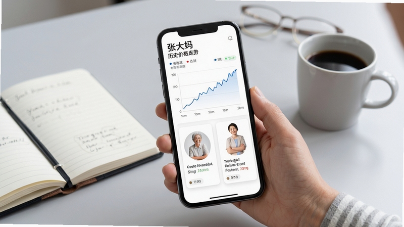张大妈历史价格走势页面展示,手机屏幕中呈现折线图与商品卡片,背景为柔和浅灰办公桌面,旁边放置笔记本与咖啡杯,画面干净现代,突出数据参考与理性消费氛围