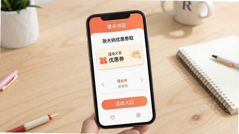 张大妈优惠券领取页面示意,手机屏幕显示优惠券卡片与活动入口,背景为简洁桌面与文具,画面清爽有序,突出正规渠道与理性领取氛围