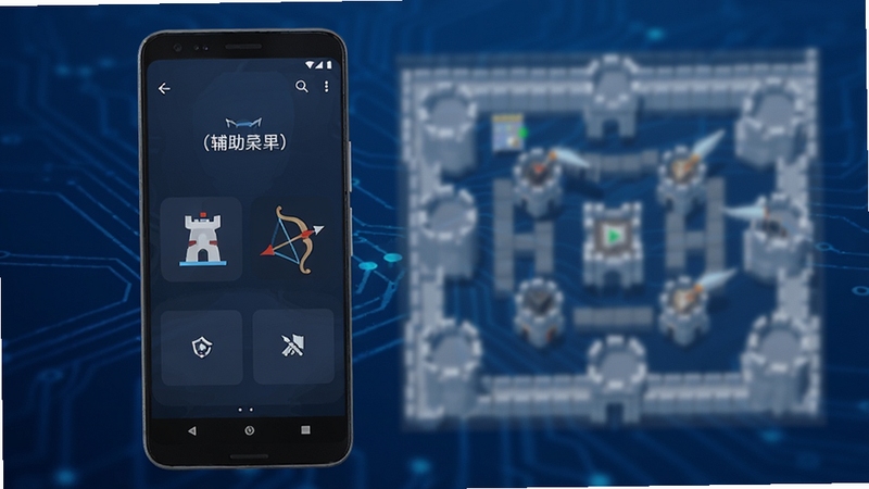 整体画面以深蓝色科技感背景为主,画面中央偏左位置放置一部安卓手机,手机屏幕显示塔和弓(辅助菜单)的简洁功能面板,面板上有塔与弓的抽象图标,右侧区域为虚化的塔防关卡地图轮廓,整体风格扁平化,光线柔和,突出软件全貌与辅助菜单概念