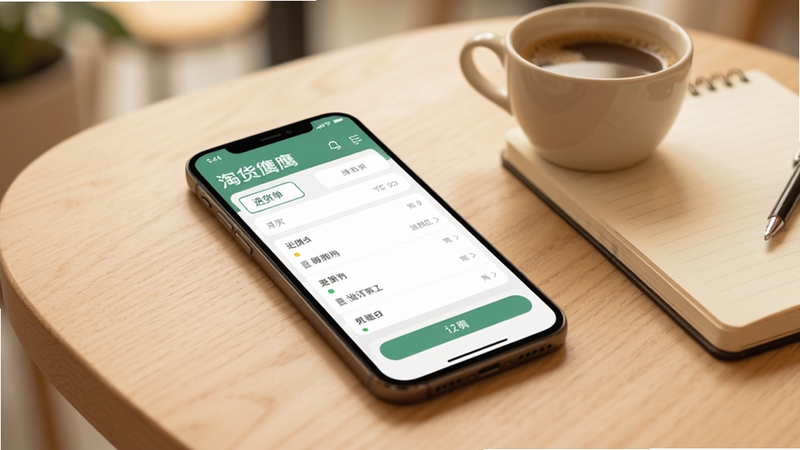 现代简约风格的手机界面展示图,画面主体为淘货鹰进货的进货单与订单物流页面,手机斜放在浅木色桌面上,旁边有一杯咖啡和一本记事本,背景虚化柔和,整体色调温暖,突出界面信息的清晰层次,适配Boogu模型生成