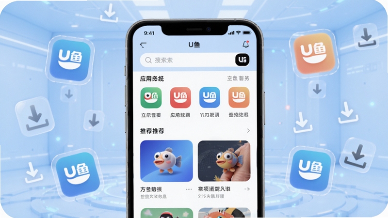 U鱼应用主界面全貌展示,画面中央为手机屏幕呈现U鱼软件首页,包含搜索框、应用分类图标与推荐列表,背景为浅蓝色渐变科技感空间,四周漂浮着半透明的应用图标与下载箭头元素,整体风格清爽明亮,突出U鱼品牌标识,适配Boogu模型生成