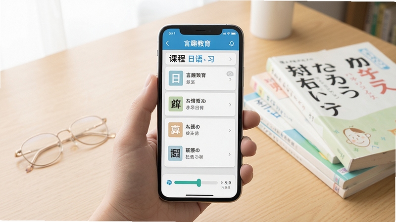 言趣教育 日语学习软件 界面全貌展示 手机屏幕中央显示课程列表与学习进度条 背景为浅色书桌与日语教材 柔和自然光 简洁教育风格
