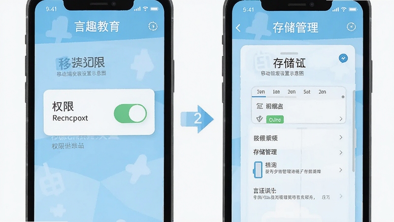 言趣教育 移动端安装设置示意图 手机屏幕显示权限开关与存储管理页面 扁平化插画 浅蓝配色 清晰步骤感