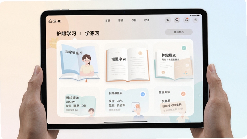 学家云HD软件界面在平板大屏上的护眼模式展示,画面主体为柔和色调的学习页面,背景区域为浅色渐变,突出界面清晰与舒适阅读体验,整体风格简约现代
