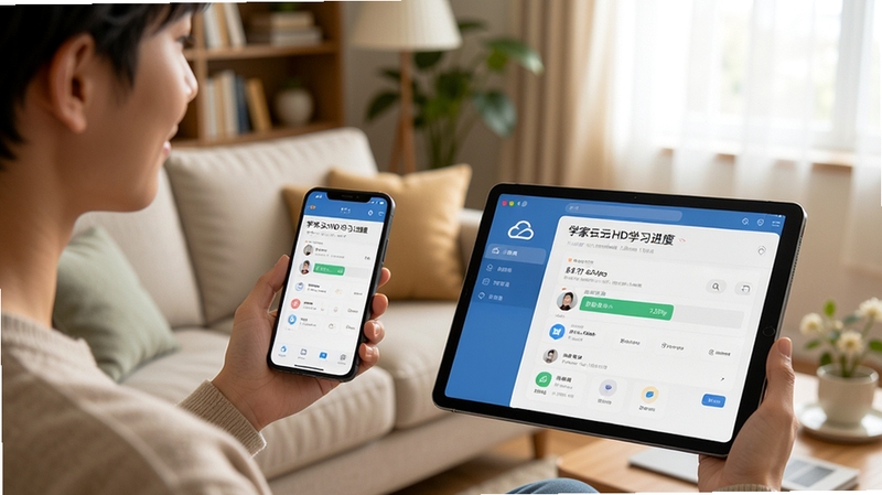 一位年轻人手持手机与平板同时展示学家云HD学习进度同步界面,背景为温馨的居家客厅,画面采用柔和自然光,突出多设备协同学习的便捷感,细节清晰,构图简洁