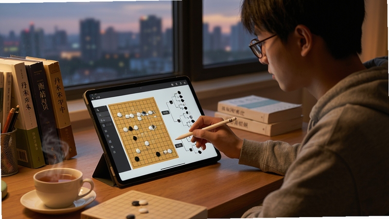 一位年轻人坐在窗前书桌旁,手中拿着触控笔在平板电脑上滑动棋谱,屏幕上显示着丹朱围棋的打谱界面,棋盘旁边有分支变化树状图,桌上散落着几本围棋书籍和一杯冒热气的茶,窗外是傍晚的城市天际线