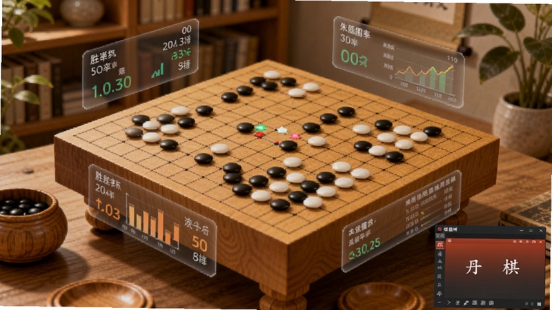 画面中央是一块木质纹理的围棋棋盘,棋盘上黑白棋子错落分布,棋盘边缘悬浮着半透明的数据面板显示胜率和推荐落点,背景是温暖的书房环境,有木质书架和绿植,整体色调柔和偏暖,丹朱围棋软件界面风格融入画面右下角