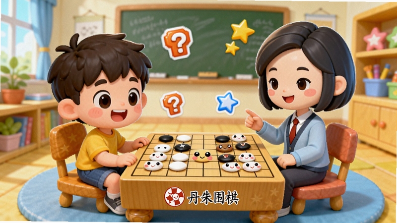 卡通风格的围棋教学场景,一个小男孩和一位虚拟围棋老师形象坐在棋盘两侧,棋盘上的棋子带有可爱的表情,周围漂浮着问号和星星图标,背景是明亮的教室环境,色彩活泼明快,画面中带有丹朱围棋标识