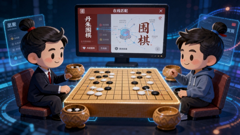 两个卡通棋手分别坐在屏幕两端通过网络对弈,中间是一张发光的围棋棋盘连接彼此,屏幕边缘显示着丹朱围棋的在线匹配界面元素,背景是深蓝色的数字空间带有流动的光线,整体科技感与温馨感并存