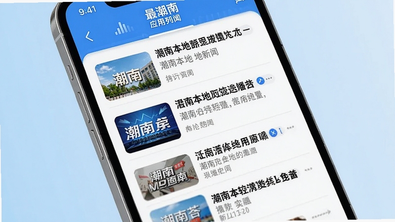 最潮南应用新闻列表页面特写,手机屏幕显示多条潮南本地新闻标题与缩略图,画面简洁明亮,突出信息流排版,背景为淡蓝色渐变,体现资讯聚合的科技感