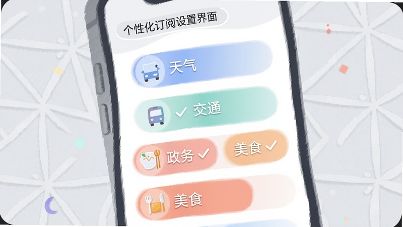 最潮南个性化订阅设置界面截图风格插画,手机屏幕展示多个可勾选的兴趣标签如天气、交通、政务、美食,配色柔和,背景为浅灰色几何纹理,突出个性化定制概念