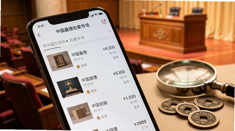 手机屏幕特写展示中国嘉德拍卖专场列表界面,背景为虚化的拍卖厅座椅与木质拍卖台,画面右侧点缀一支放大镜与几枚古钱币,光线柔和偏暖,突出移动端浏览图录的便捷感