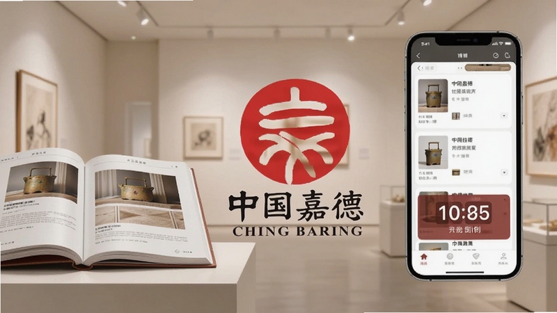 画面主体为中国嘉德品牌标志与手机应用界面并排展示,背景为浅米色艺术展厅空间,左侧放置一本翻开的拍卖图录,右侧手机屏幕显示拍品列表与倒计时模块,整体色调温润雅致,构图平稳,适配Boogu模型生成