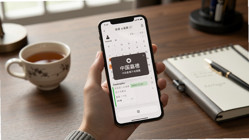 一只手握着手机,屏幕显示中国嘉德开拍提醒弹窗与日历日程界面,背景为书房桌面,桌上摆放茶杯与笔记本,整体氛围安静有序,体现日程管理功能