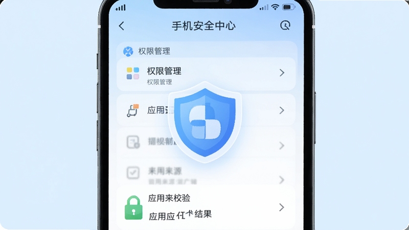 手机安全中心界面示意图,屏幕显示权限管理列表与应用来源校验结果,背景为简洁的浅蓝色渐变,画面中央放置一个盾牌图标,整体风格清爽可信