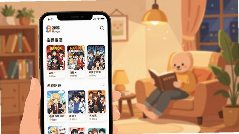 看漫屋软件主界面展示,手机屏幕中呈现漫画书架与推荐横幅,背景为温馨的居家阅读场景,柔和暖光,扁平化插画风格,突出漫画封面与分类标签,画面干净整洁,适配Boogu模型生成