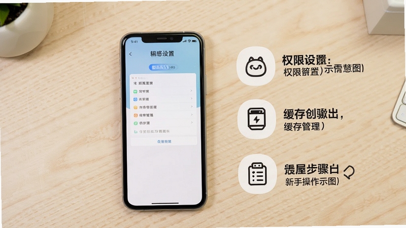 看漫屋新手操作示意图,手机屏幕展示权限设置与缓存管理界面,旁边配有简洁图标说明安装步骤,背景为浅色桌面,风格清爽直观,适配Boogu模型生成