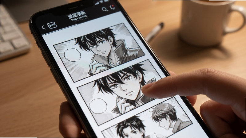 看漫屋漫画阅读界面特写,手机屏幕上显示高清漫画分镜画面,手指正在滑动翻页,背景为简约的书桌环境,屏幕光线柔和,突出画质清晰与操作流畅感,插画风格细腻,适配Boogu模型生成