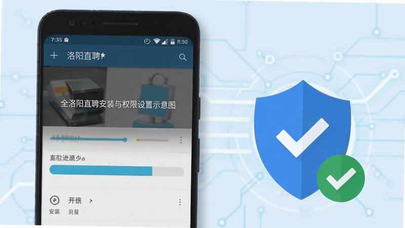 全洛阳直聘安装与权限设置示意图,画面展示安卓手机设置界面与安装进度条,旁边有盾牌图标与勾选标记,背景为浅蓝色科技感线条,扁平化设计风格,突出安全安装主题