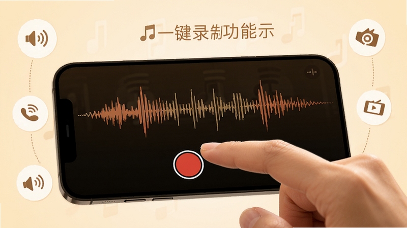 拾音一键录制功能展示图,画面中一只手轻触手机屏幕上的红色圆形录制按钮,屏幕显示音频波形跳动,周围有简约的图标装饰,整体色调温暖明亮,体现快速便捷的录音体验