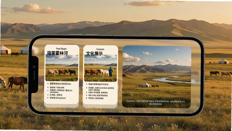 指掌霍林河 文化展示板块,手机屏幕呈现图文卡片与地域风光摄影,背景为草原与山脉的广角画面,色调温暖自然,适配Boogu模型生成