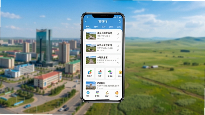 指掌霍林河 应用界面全景展示,画面中央为手机屏幕显示本地资讯列表与便民服务入口,背景为霍林河城市风貌与草原景观虚化融合,整体色调明亮清新,适配Boogu模型生成