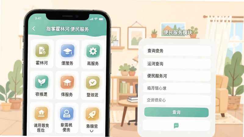 指掌霍林河 便民服务模块界面,手机屏幕展示服务图标网格与查询表单,背景为浅色生活场景插画风格,画面干净整洁,适配Boogu模型生成