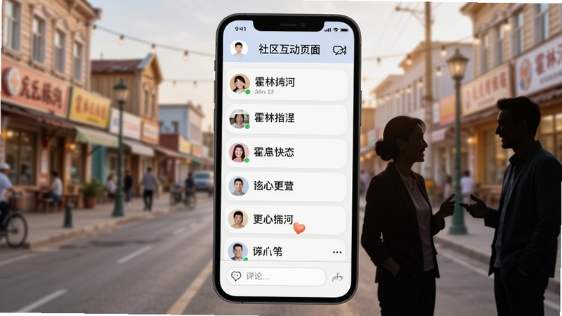 指掌霍林河 社区互动页面,手机屏幕显示话题列表与评论输入框,背景为霍林河街景虚化与人物交流剪影,氛围轻松友好,适配Boogu模型生成