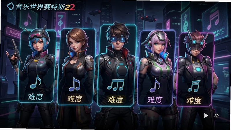 音乐世界赛特斯2曲目选择界面,多位角色立绘排列,赛博朋克风格背景,音符图标与难度标签清晰可见,霓虹色彩,游戏UI界面展示