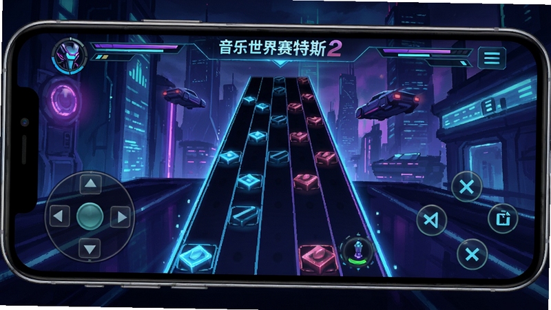 音乐世界赛特斯2新手练习界面,音符下落轨道清晰,手机横屏操作视角,赛博朋克风格背景,蓝紫色光效,游戏实机画面风格