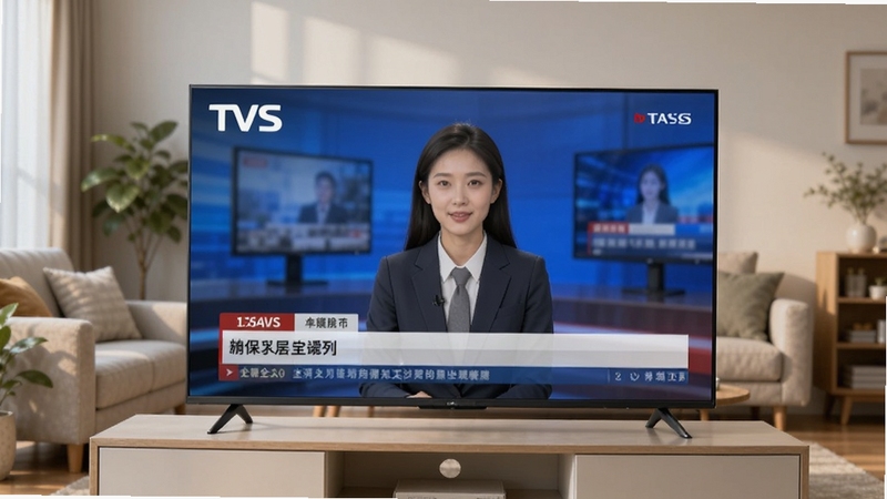 画面中央放置一台正在播放新闻画面的智能电视,电视屏幕左上角显示TVS字母标识,背景为温馨客厅环境,浅色沙发与绿植点缀,整体风格明亮写实,突出软件核心全貌与家庭观看场景