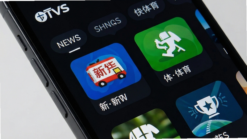 手机屏幕特写展示TVS应用频道列表界面,分类标签清晰,新闻与体育频道图标醒目,背景为深色护眼模式,画面风格简洁现代,突出多频道聚合功能