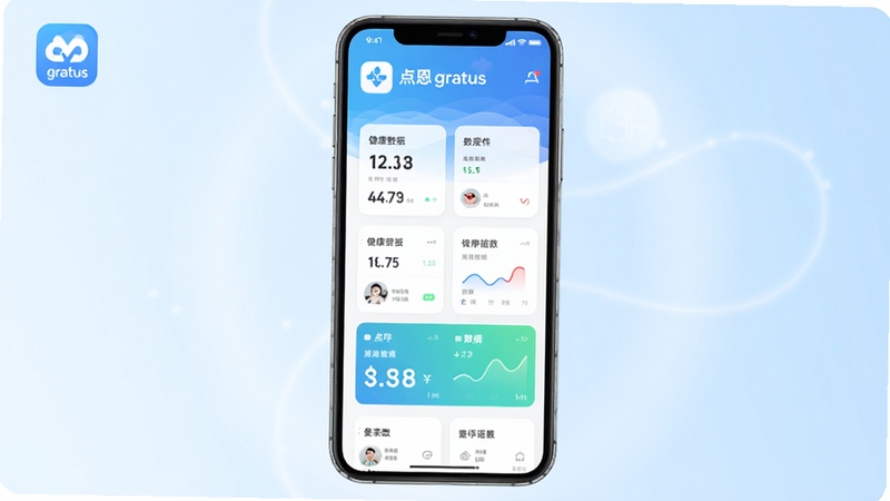 点恩gratus健康管理软件主界面全貌,画面中央展示手机屏幕中的健康数据仪表盘,背景为浅蓝色渐变与柔和光晕,整体风格清新简洁,突出点恩gratus应用图标与数据卡片布局