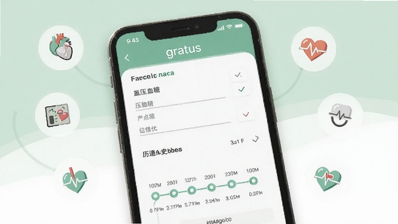 点恩gratus健康数据记录界面,画面中手机屏幕显示血压血糖录入表单与历史数据时间轴,周围点缀医疗健康图标,背景为淡绿色与白色搭配的干净风格,体现点恩gratus的数据管理场景