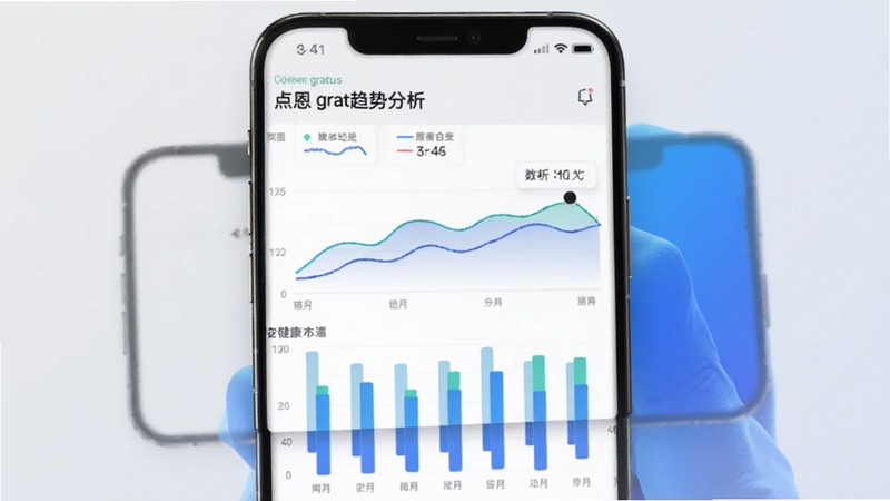 点恩gratus趋势图表页面,手机屏幕展示折线图与柱状图组合的健康数据可视化界面,背景为浅灰色与蓝色渐变,画面干净有科技感,突出点恩gratus图表分析功能