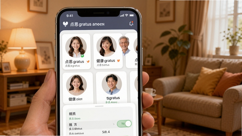 点恩gratus家庭成员健康档案管理界面,手机屏幕显示多个成员头像卡片与健康信息切换区域,背景为暖色调居家氛围,体现点恩gratus多人档案管理功能