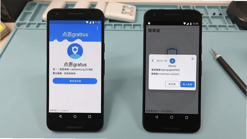 点恩gratus安装与权限设置操作示意图,画面展示安卓手机安装界面与权限授权弹窗,背景为简洁的浅色工作台场景,突出点恩gratus安装引导步骤