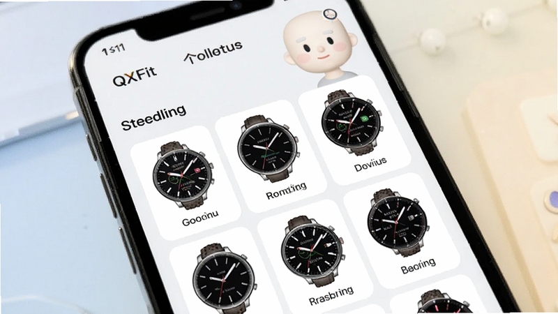 QXFit表盘管理页面与多款表盘样式排列展示,手机屏幕显示表盘预览网格,背景为柔和浅色,突出个性化选择氛围,Boogu模型生成