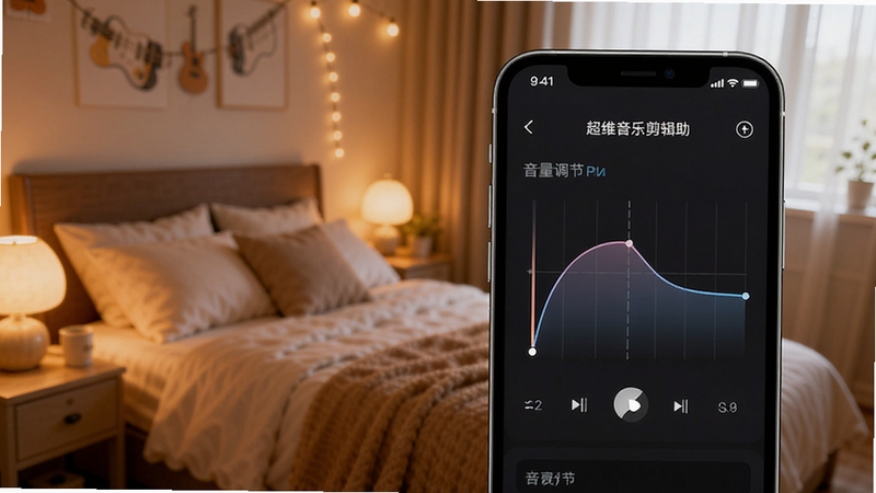 超维音乐剪辑助手音量调节面板展示,画面主体为手机界面上的音量滑块与淡入淡出曲线设置区,背景为暖色调卧室环境,营造轻松编辑氛围