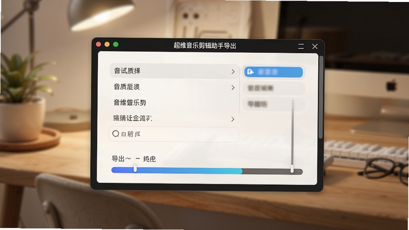 超维音乐剪辑助手导出设置界面,画面中央为音质选择列表与导出进度条,背景为简洁的书桌一角,光线柔和,体现操作完成后的轻松感