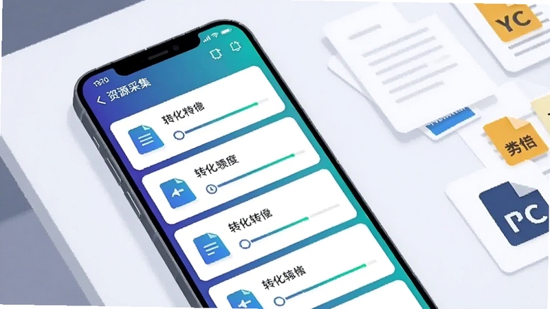 画面主体为一部竖屏智能手机置于画面中央偏左位置,屏幕中显示猎化软件的资源采集列表界面,界面采用深蓝与青绿渐变配色,列表项带有文件图标与转化进度条;背景区域为浅灰色极简工作台桌面,桌面右侧散落若干文档图标与格式符号,整体风格为扁平化科技插画,光线柔和均匀,分辨率1080x1920,突出猎化软件核心全貌