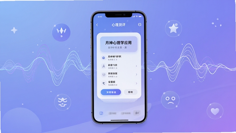 月神心理学应用主界面展示,画面中央为手机屏幕呈现心理测评问卷卡片,背景为柔和的蓝紫色渐变空间,周围点缀抽象的脑电波线条与情绪符号,整体风格清新科技感,适合软件下载站展示图