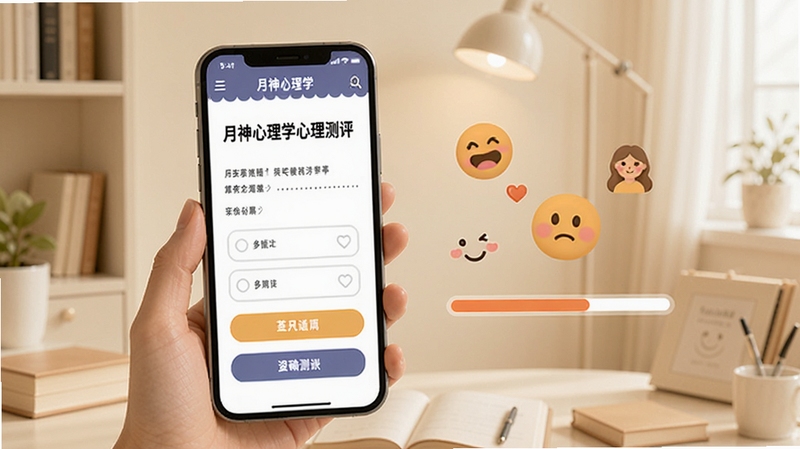 月神心理学心理测评页面,手机屏幕显示问卷题目与选项按钮,旁边漂浮着暖色调的情绪图标和进度条,背景为浅米色书房场景,光线柔和,突出测评的轻松氛围