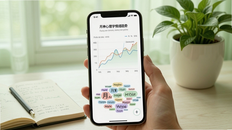 月神心理学情绪趋势图表界面,手机屏幕展示折线图与心情标签云,背景为淡绿色自然光环境,桌面摆放笔记本和绿植,整体传递平静与自我观察的氛围